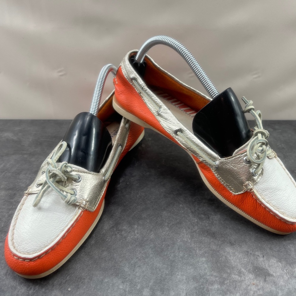 Sperry Top Sider Women's Boat Shoes White Orange 8.5 M Leather Loafers Flats